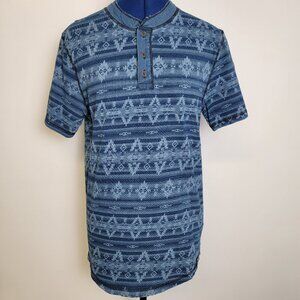 Lucky Brand Mens Blue Aztec AOP Prnt Short Sleeve 100% Cotton Qtr Button Shirt S